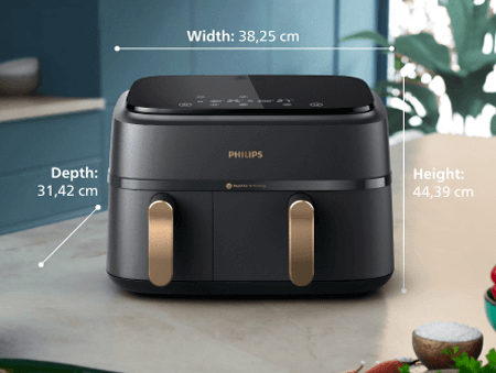 Coşul dublu Philips st&acirc;nd &icirc;n picioare pe blat cu toate dimensiunile descrise: lăţime: 38,25 cm, ad&acirc;ncime: 31,42 cm, &icirc;nălţime: 44,39 cm